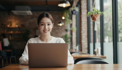 Fototapeta premium カフェで正面から微笑むPCとアップヘアの女性