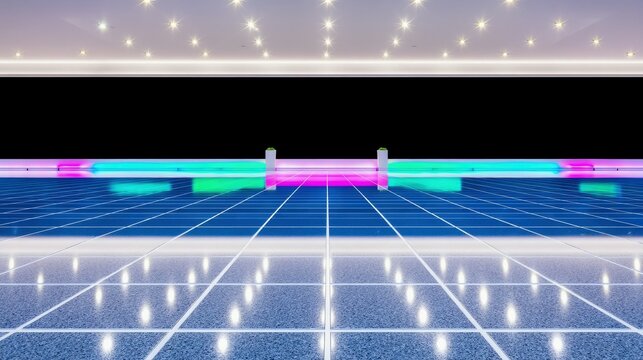 A perspective view of a reflective grid floor illuminated by neon lights and a ceiling with star-like lights. - Powered by Adobe