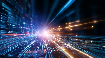Obraz premium Abstract futuristic technology background with blue and orange light-speed trails moving over a circuit board. Representing data transfer, network speed, or cybersecurity concepts.