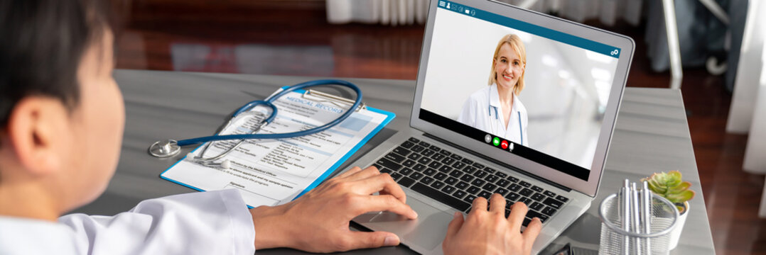 Doctor video call online by brisk telemedicine software application for virtual meeting with patient