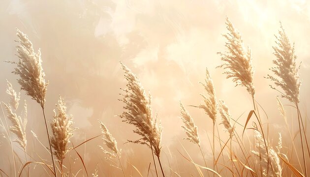 Golden reeds swaying gently in the soft, warm light of dawn.