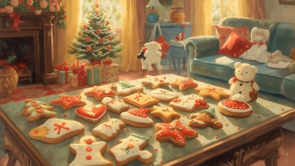 Festive christmas baking arrangement on a table in a cozy living room scene