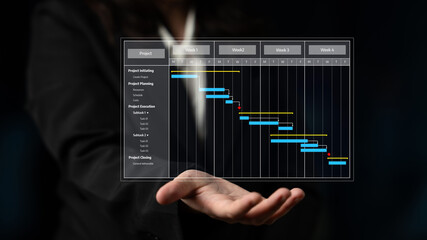A businesswoman confidently presents a Gantt chart, illustrating project management stages and...