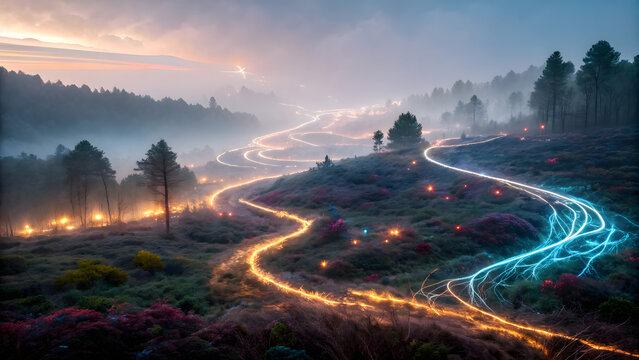 winding path with glowing light trails in misty forest and colorful flowers