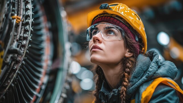 Focused Woman in Safety Gear Examining Aircraft Engine Component in Industrial Setting
