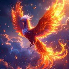 A phoenix rising, enveloped in fiery plumes, amid a cloudy sky