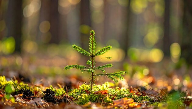 A tiny evergreen sapling stands in a sunlit, blurred forest background