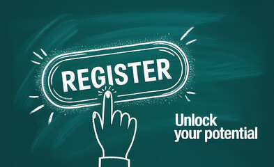 Finger pressing a glowing neon register button to unlock your potential concept