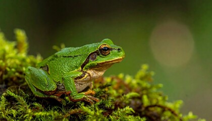 Fototapeta premium A vibrant green amphibian perches on mossy surface