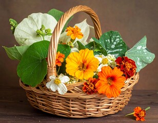 A rustic woven basket overflows with vibrant, colorful blooms and foliage