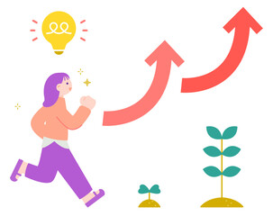 上向き矢印と走る女性　成長・転職・未来へのステップアップのイメージ