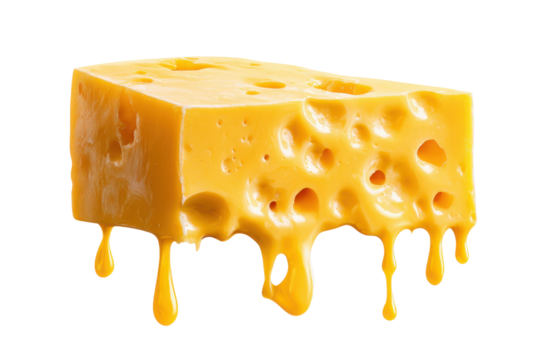 Yellow Swiss cheese block with melted drips on black background dairy food, Png, Isolated on Transparent Background, Cut Out