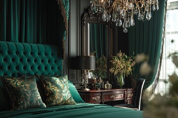 Luxurious dark green bedroom interior with a velvet tufted bed, crystal chandelier, and classic vanity. Vintage elegant home decor with a moody, opulent atmosphere.