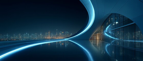 Empty futuristic interior space with blue light trails reflecting on the floor, overlooking a blurred night city skyline. Ideal for technology backgrounds, product displays, virtual studios, 
