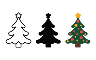 Three christmas trees outline silhouette and decorated festive icon
