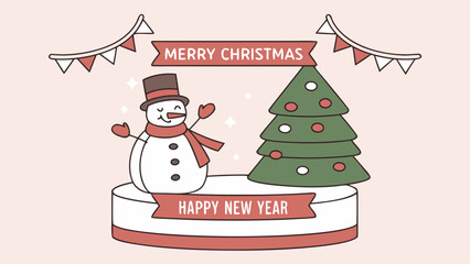 Illustration of a snowman with a christmas tree on a stand with merry christmas and happy new year banners