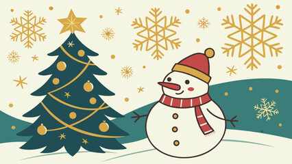 Illustration of a christmas tree with ornaments and a snowman with snowflakes falling around them