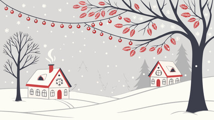 Winter scene with houses, trees, snow, and festive lights creating a holiday atmosphere image