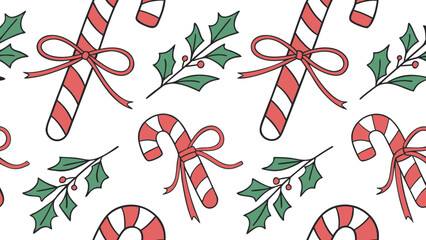Seamless christmas pattern with candy canes tied with ribbons and holly branches on a white background