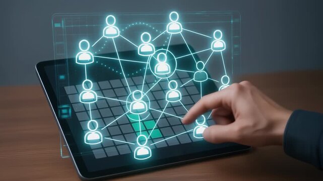 Digital network interface tablet user node connection human emergency collaboration highlighting selected node with hand interaction urgent response