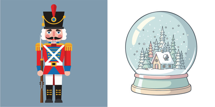 Festive Cartoon Nutcracker and Winter Snow Globe Vector Art