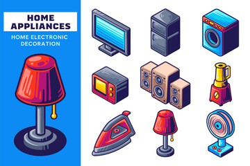 Home Appliances Electronics Collection. Electronic Device with tv, fridge, blender, washing machine, and lamp. Set Element for Electronics. Household Electronics in Cartoon Colorful Color