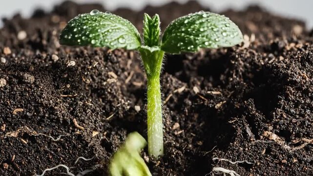 Close Up of Sprouting Green Seedling with Visible White Roots in Dark Brown Soil Under Bright Lighting, A Botanical Study of Life and Growth, Adobe Stock Photo
