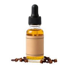 Amber Liquid In Dropper Bottle With Blank Label Surrounded By Whole Cloves On A White Background