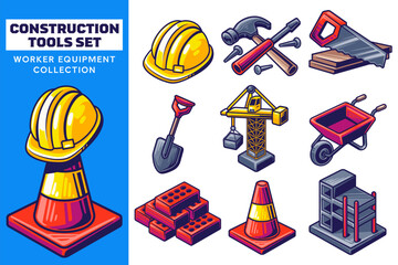 Builder and Construction Tool Collection. Industrial Work with Helmet, Crane, Hammer, Cone, and Wheelbarrow. Set Element for Worker. Engineering Game and Architecture in Cartoon Colorful Color