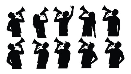 People with megaphones silhouettes isolated on white background, Vector