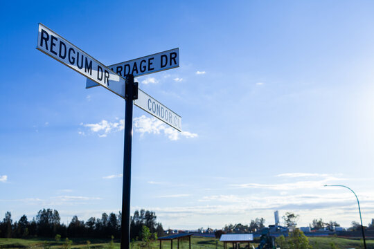 New road signs in housing suburb under development with copy space