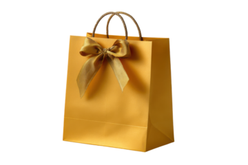 Golden shopping bag with satin bow and rope handles on black background gift present, Png, Isolated on Transparent Background, Cut Out