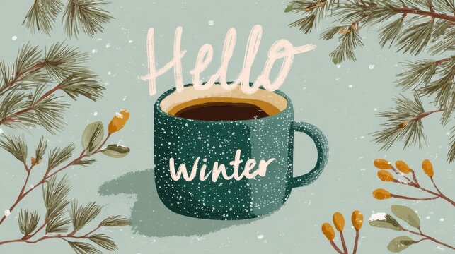 Winter Coffee Mug with Hello Winter Text Surrounded by Pine Branches and Golden Berries - Powered by Adobe