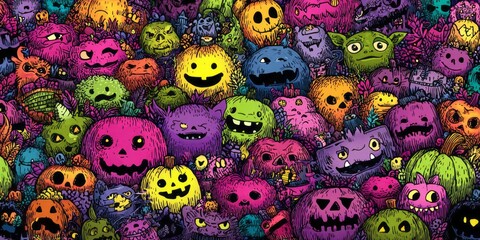 Colorful, quirky monster characters and pumpkins fill the frame.