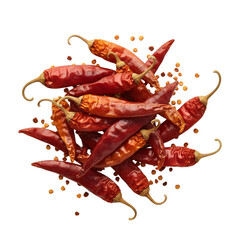 Dried Red Chili Peppers Scattered on White Background with Small Seeds