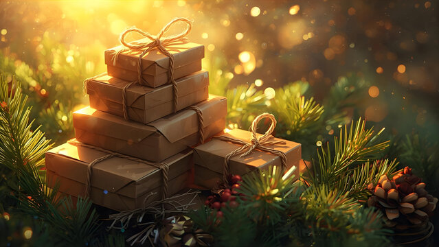 Stack of small gift boxes wrapped with natural paper and twine, cozy warm light, symbol of generosity