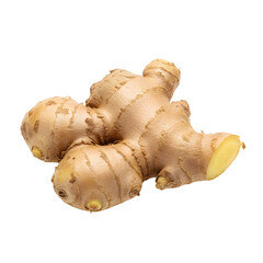 Fresh Ginger Root With Cut Section Displaying Yellow Flesh Against White Background