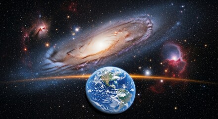 Earth is depicted in front of a vast galaxy, surrounded by stars and cosmic dust, illustrating the scale of the universe.
