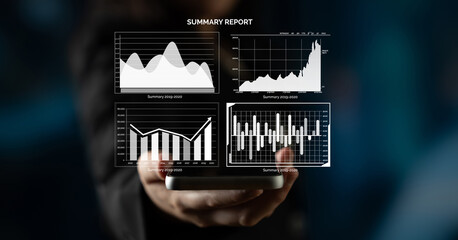 A businessman presents a smartphone showcasing a summary report with multiple data charts, perfect...