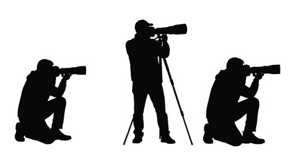 Photographers silhouettes with long lenses isolated on white background, Vector