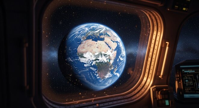 Fototapeta Earth as seen from a spaceship window, showcasing continents and oceans, with a futuristic interior panel visible.