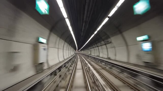 Blured Motion Through Illuminated Tunnel with Railway Tracks Perspective View Concrete Structure Geometric Design Metallic Rails Transportation Concept