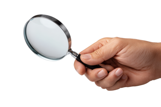 Hand holding magnifying glass against black background close up lens, Png, Isolated on Transparent Background, Cut Out