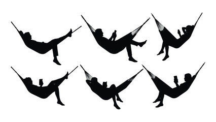 People relaxing in hammocks silhouettes isolated on white background, Vector