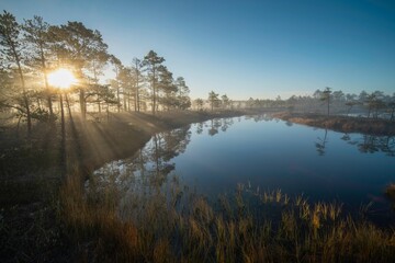 🌅 Morning mist and colorful clouds reflect the beautiful sunrise over the calm lake water, a peaceful nature landscape