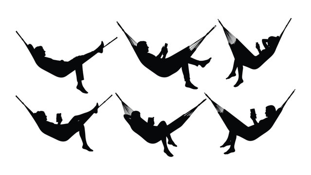 People relaxing in hammocks silhouettes isolated on white background, Vector
