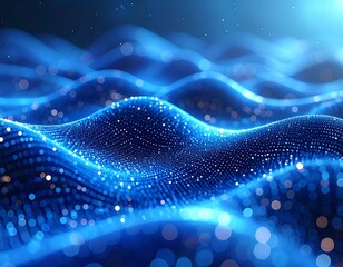 Abstract blue digital wavy flow, particles, and light flares