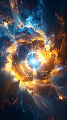 Cosmic galaxy energy burst radiating from the center of deep space, swirling blue and golden nebula clouds, glowing stars and cosmic dust, intense light beams and motion trails