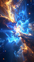 Cosmic galaxy energy burst radiating from the center of deep space, swirling blue and golden nebula clouds, glowing stars and cosmic dust, intense light beams and motion trails