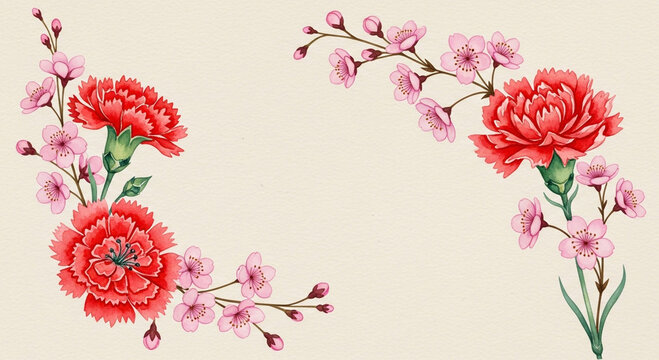 Watercolor illustration of red carnations and pink cherry blossoms creating a decorative corner frame on a cream background.